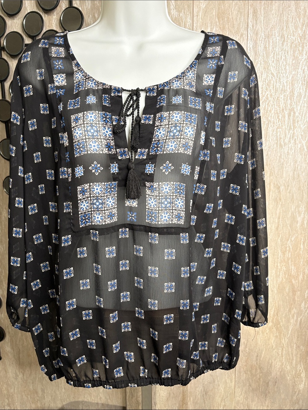 Maurices Black Sheer Peasant Tunic with Blue Tile Print